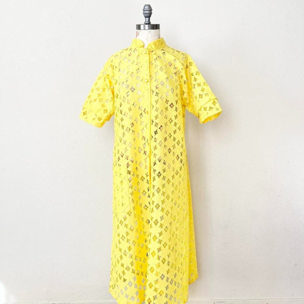 60s yellow floral‎ short sleeve maxi dress womens size medium